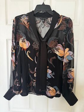 Beautiful WHBM Sheer Blouse Black Floral Print & Black Removable Cami XS